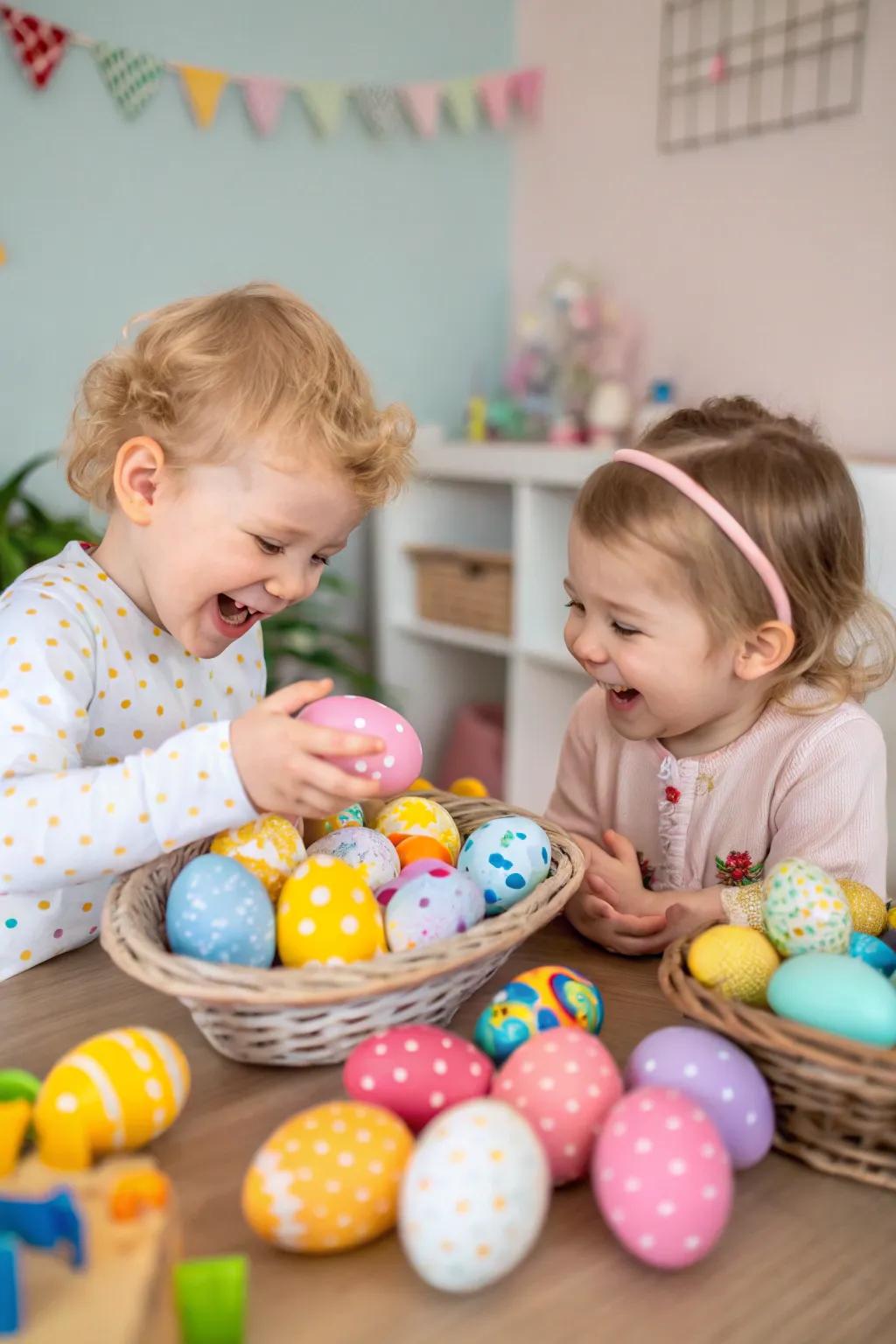 A tableau of radiant, embellished Easter orbs crafted by toddlers.