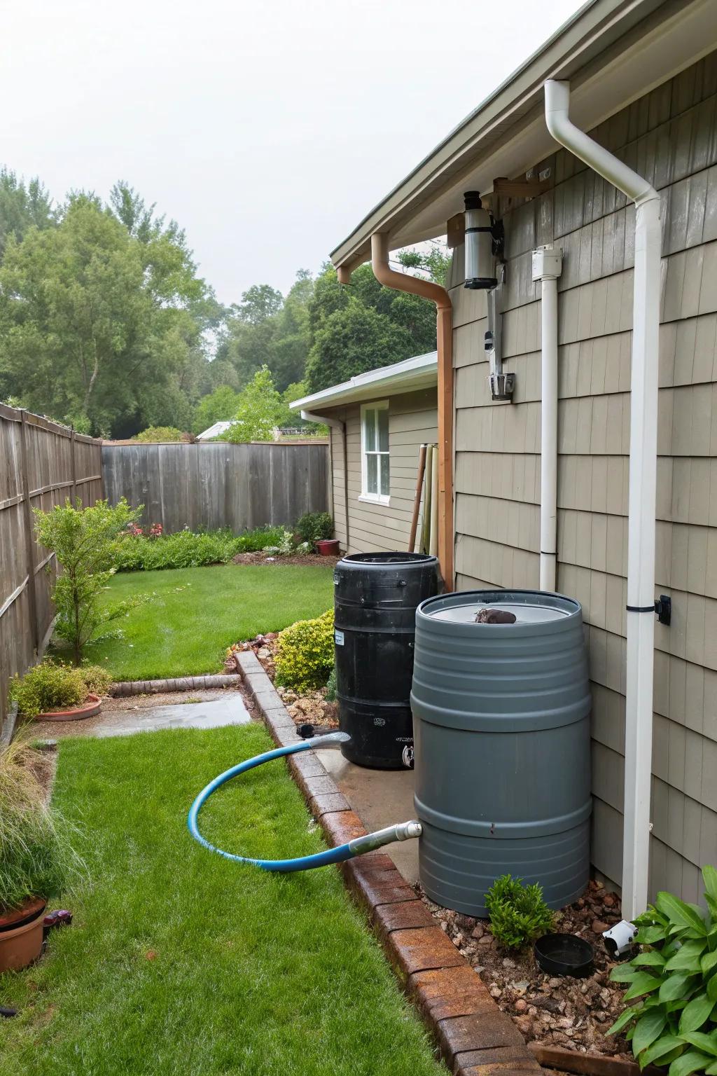 A backyard featuring a practical stormwater gathering setup with visible storm tanks.
