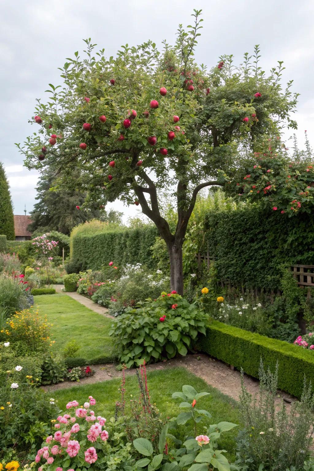 Fruit trees act as centerpieces and provide seasonal harvests.
