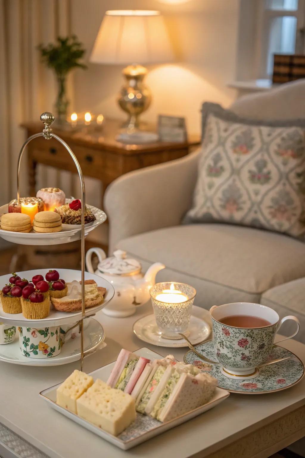 Elegant tea party setup featuring china tea sets.