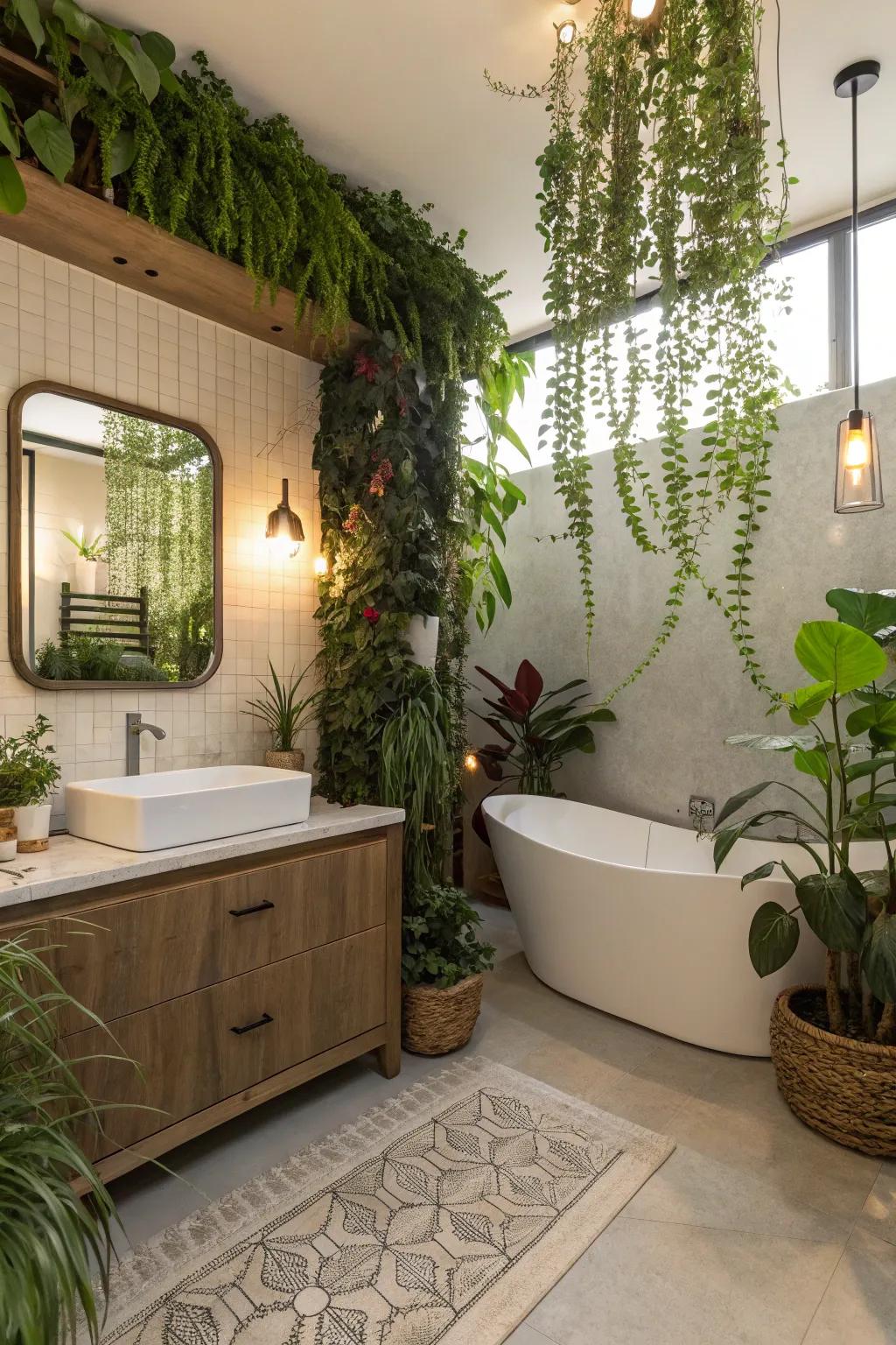 Flora contributes warmth and nature to this refined bathroom.