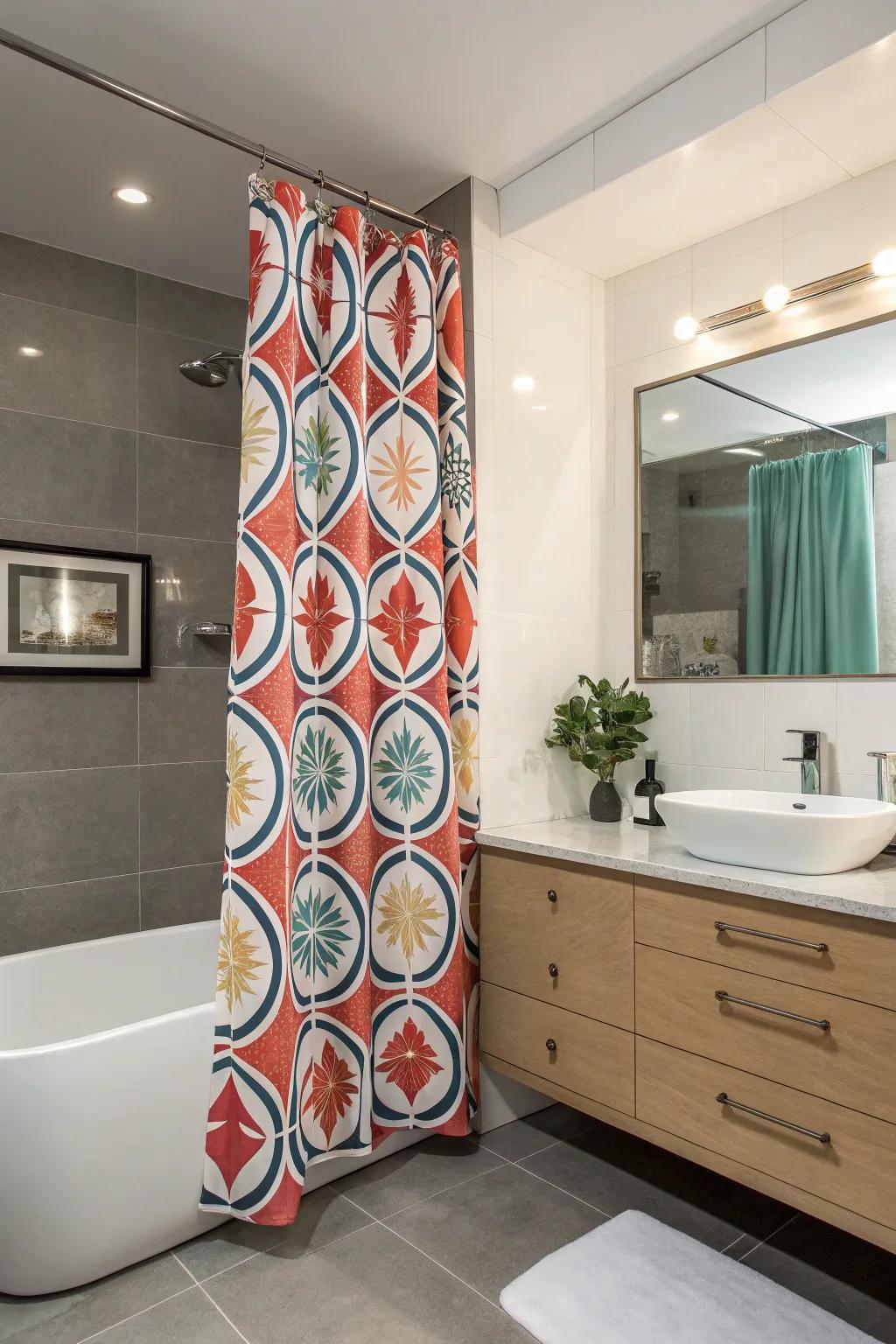 A bold shower curtain stands out as the focal point of the bathroom.