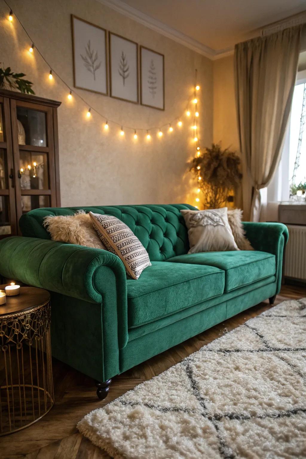 A cozy nook with a verdant couch is the perfect invitation to relax.