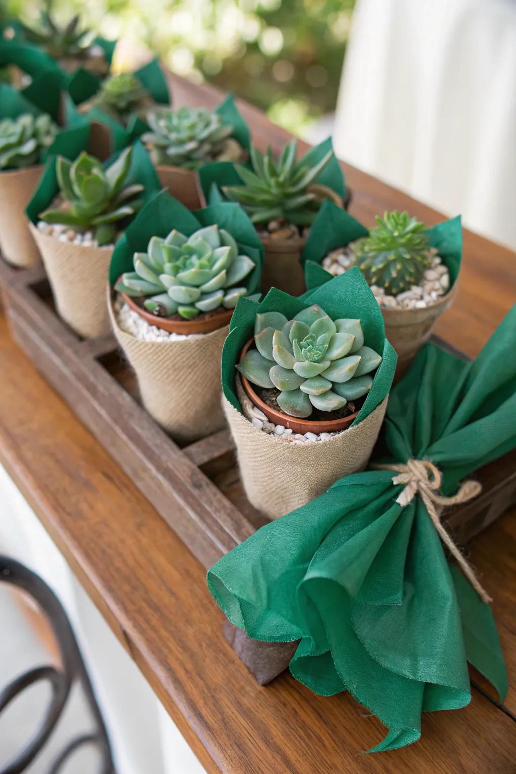 Sustainable celebration gifts wrapped in emerald.