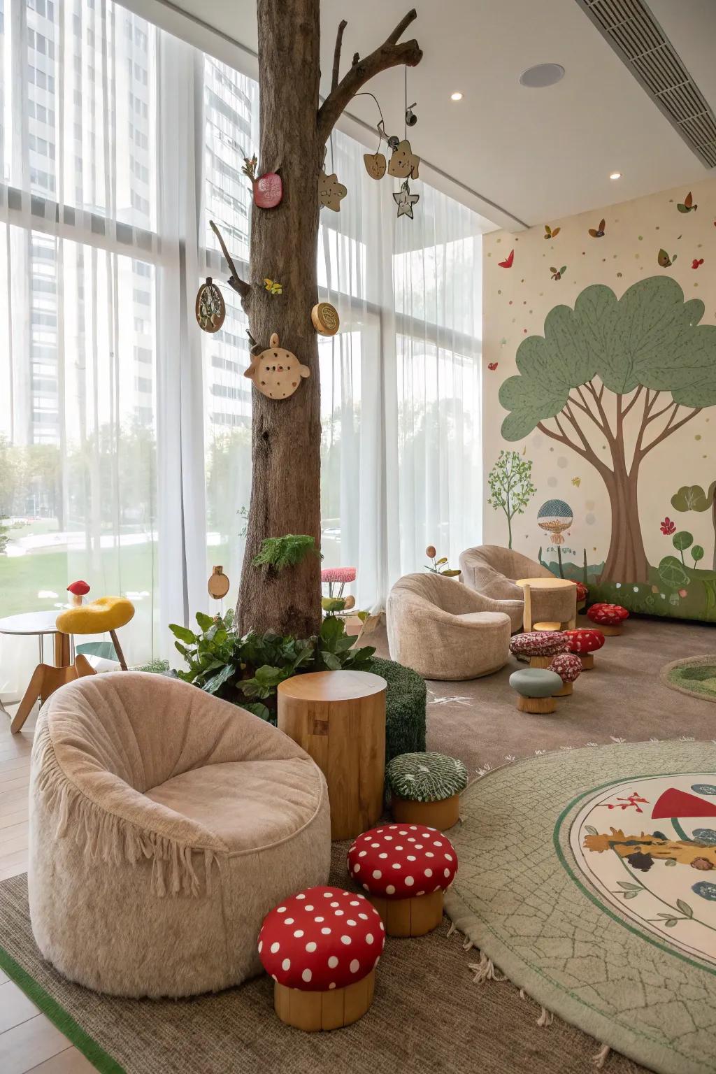 Whimsical seating areas for kids encourage playful adventures.