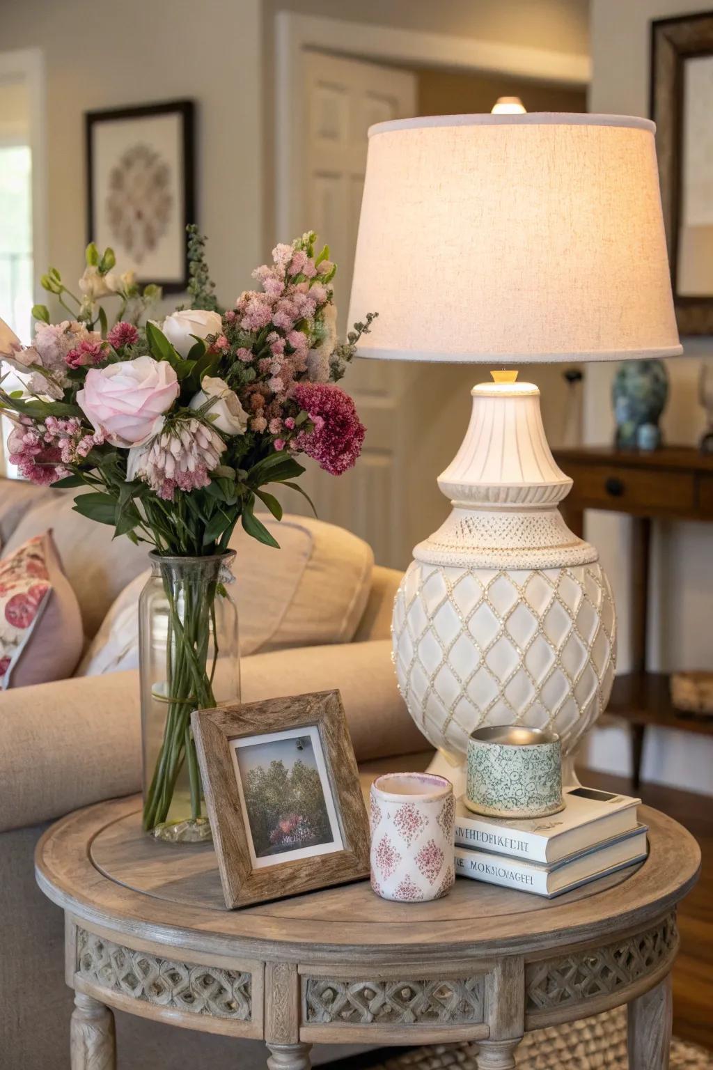 A cohesive color scheme unites the side table decor.