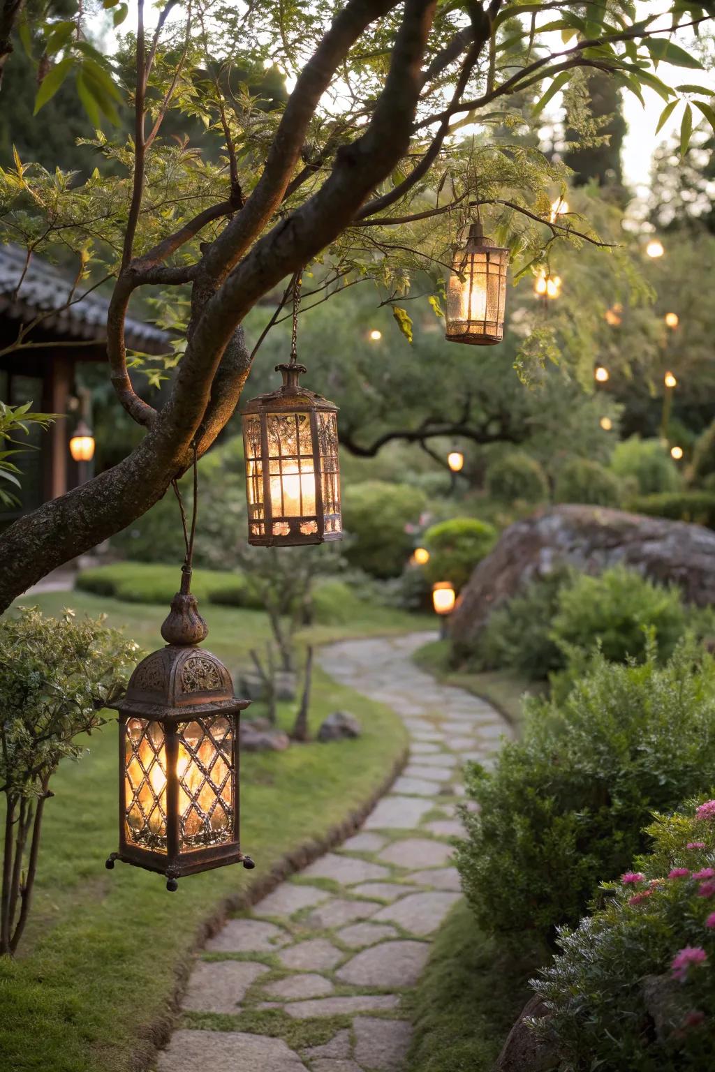 Lamps add a magical ambiance to garden evenings.