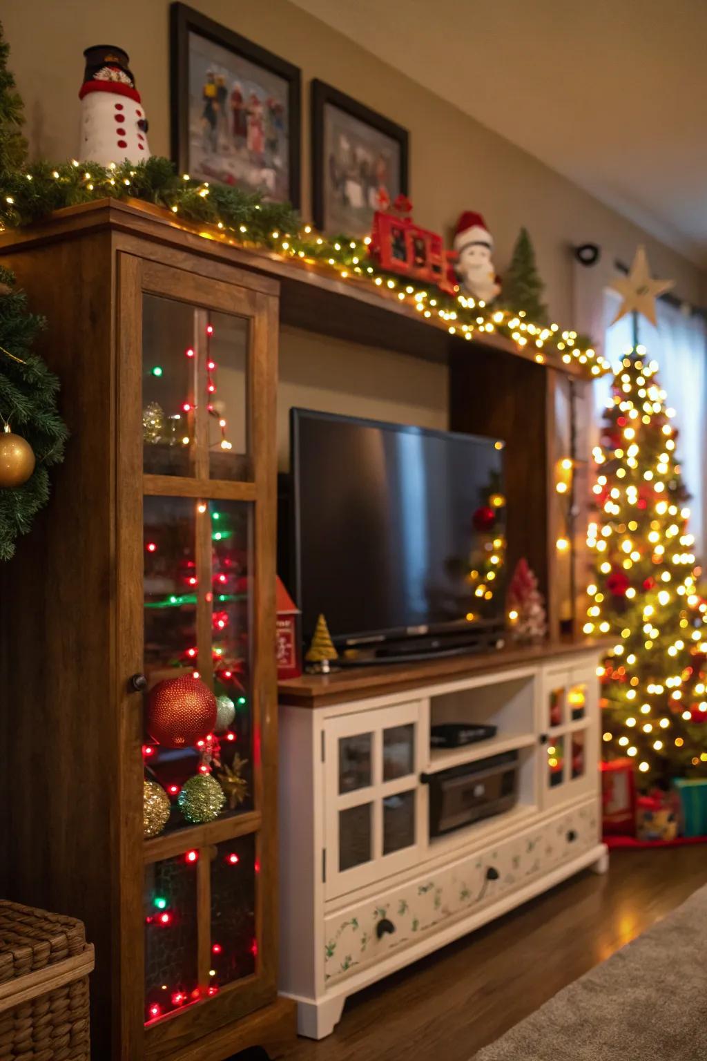 Seasonal decor adds a festive touch to this media hub.