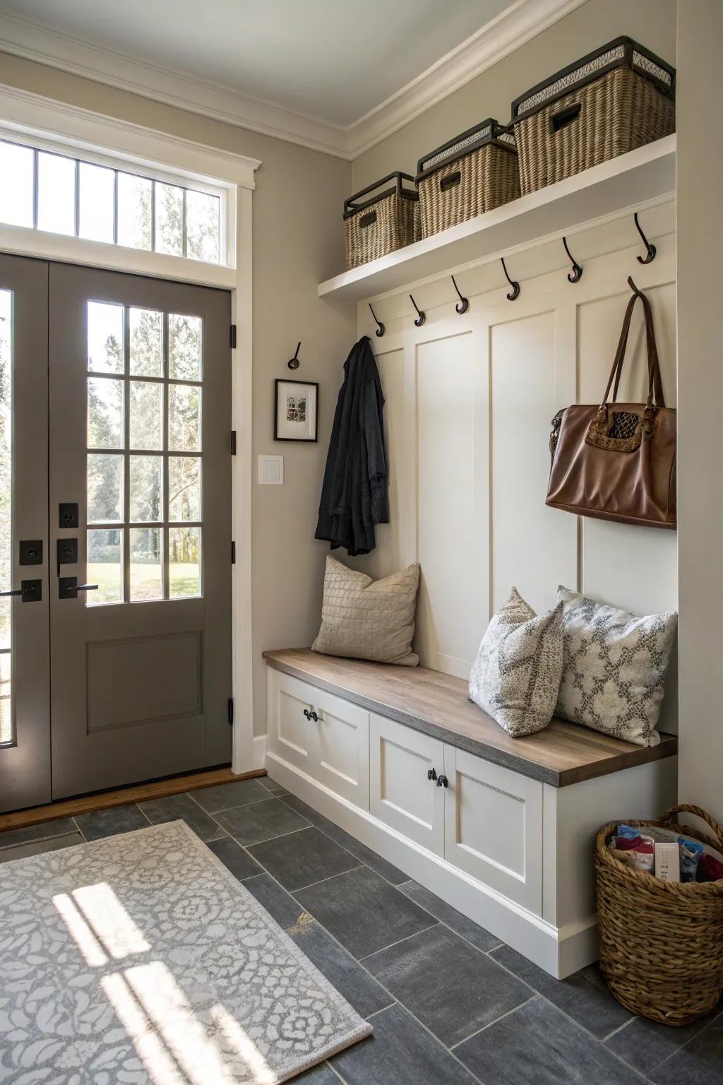 Practical seating and storage solutions enhance the entryway's functionality.