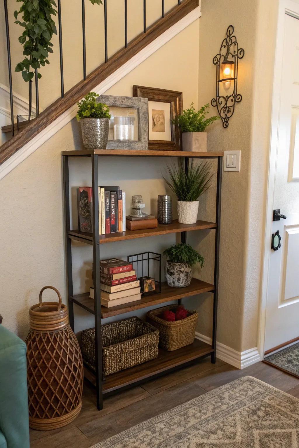 A multi-level shelf lets you store and decorate.