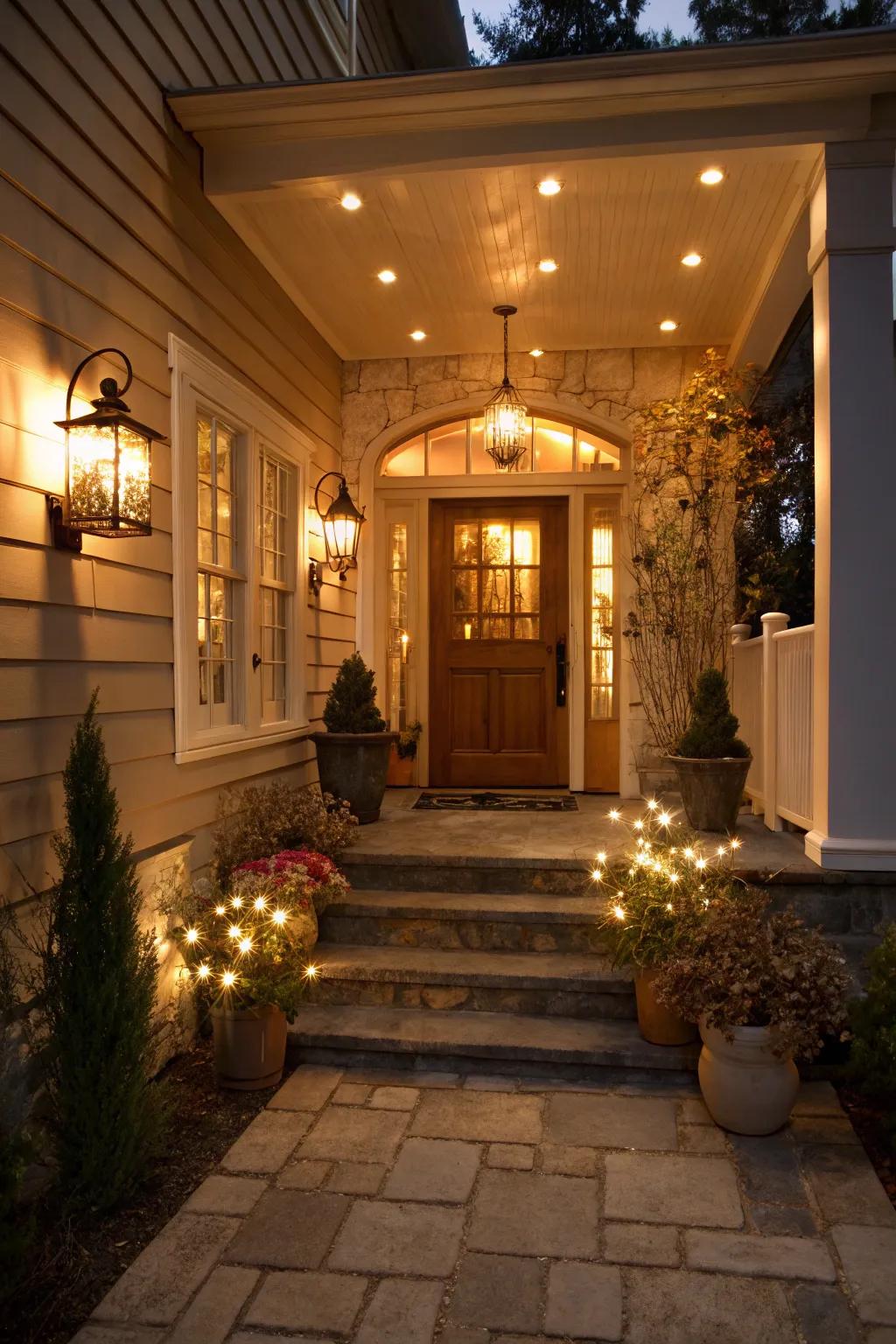 A foyer with layered lighting, featuring both ambient and accent lights for an inviting feel.