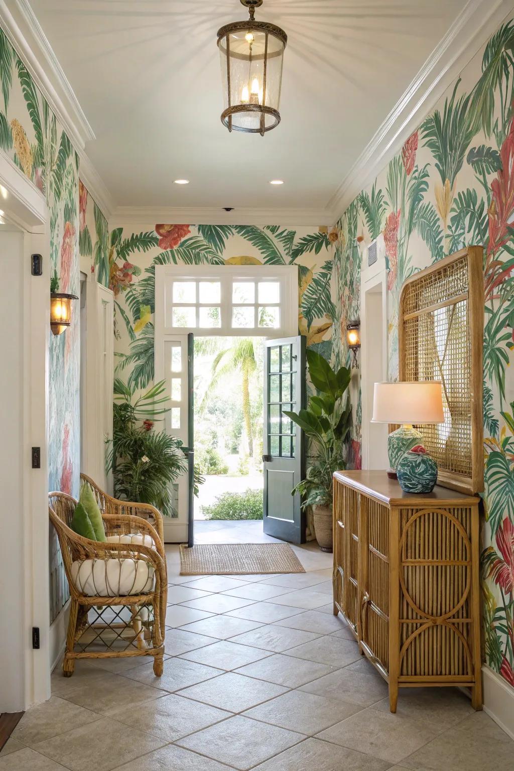 Vibrant entryway featuring tropical wallpaper that offers a warm welcome.