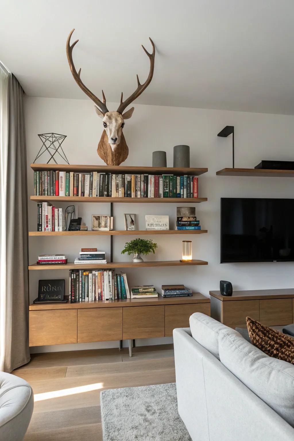 Combine practicality and style with a floating shelf display.
