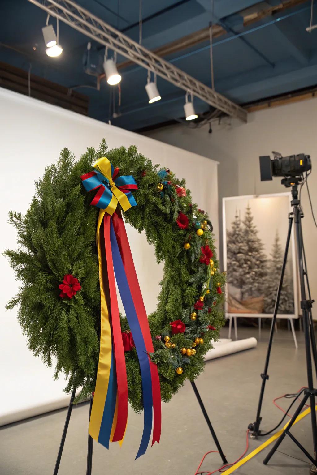 A creative swag featuring colorful ribbons in a studio.