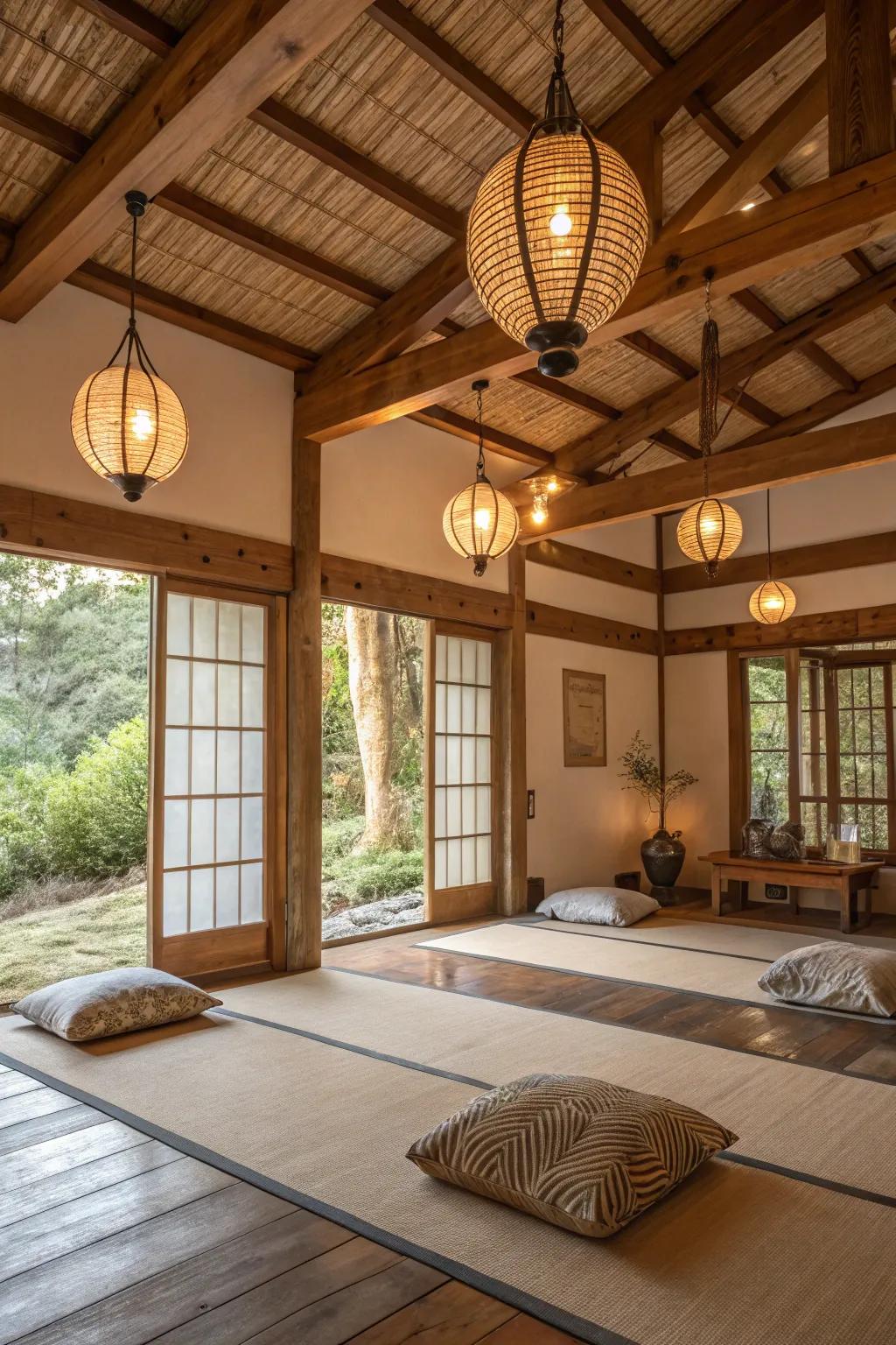 Smooth natural look with wooden fixtures and beams.