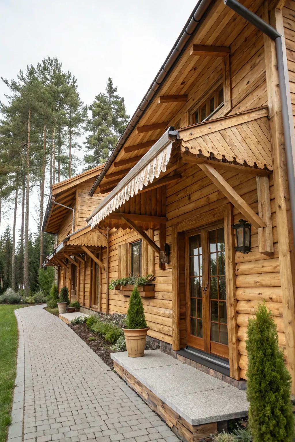 Wooden shades provide a warm, rustic appeal.