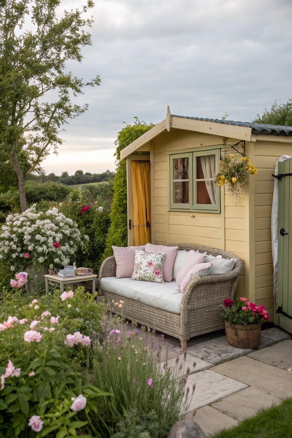 A cozy seating area turns your shed into a retreat.