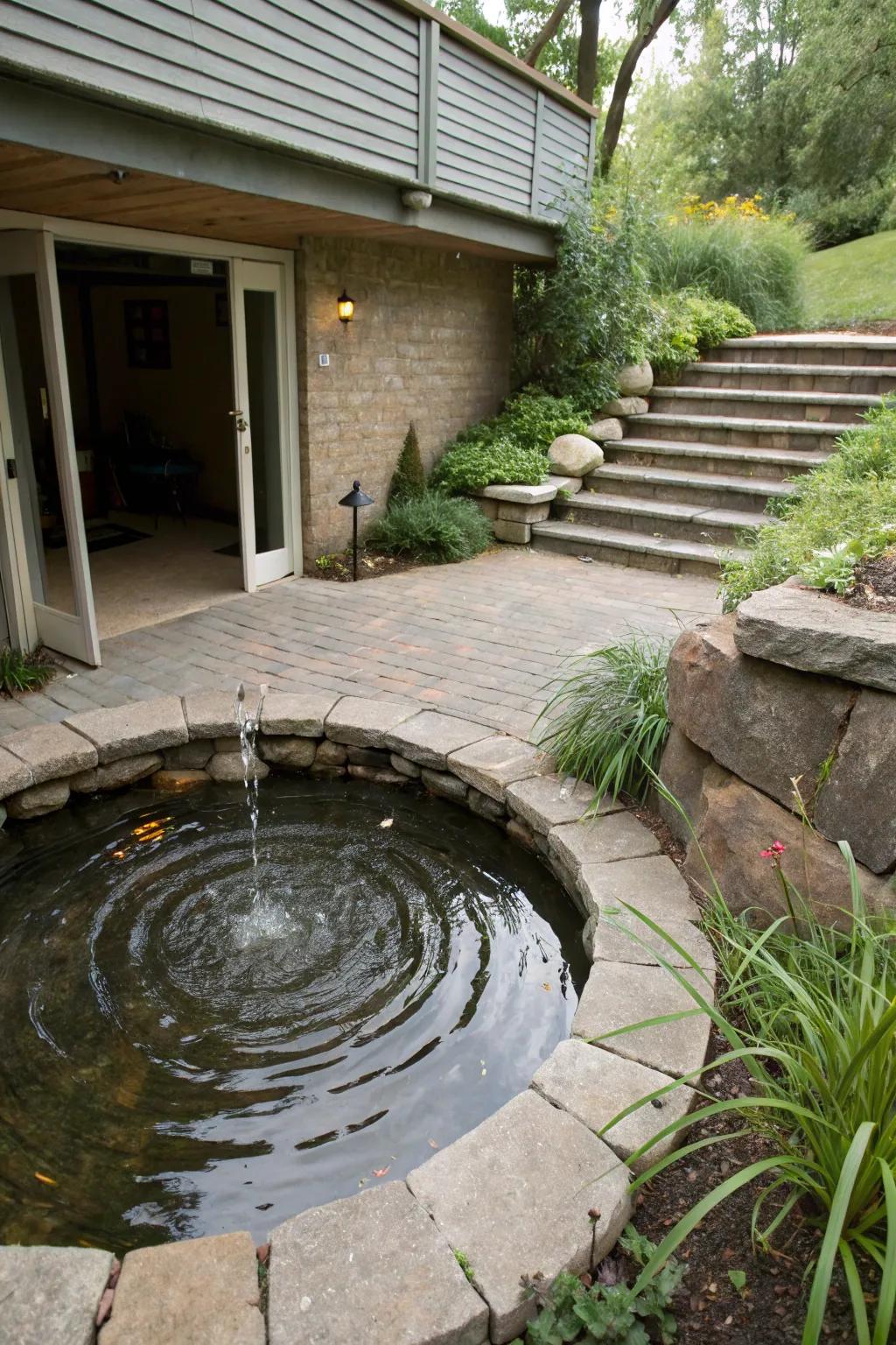 A serene pool adjacent to a walkout basement enhances the tranquil ambiance.