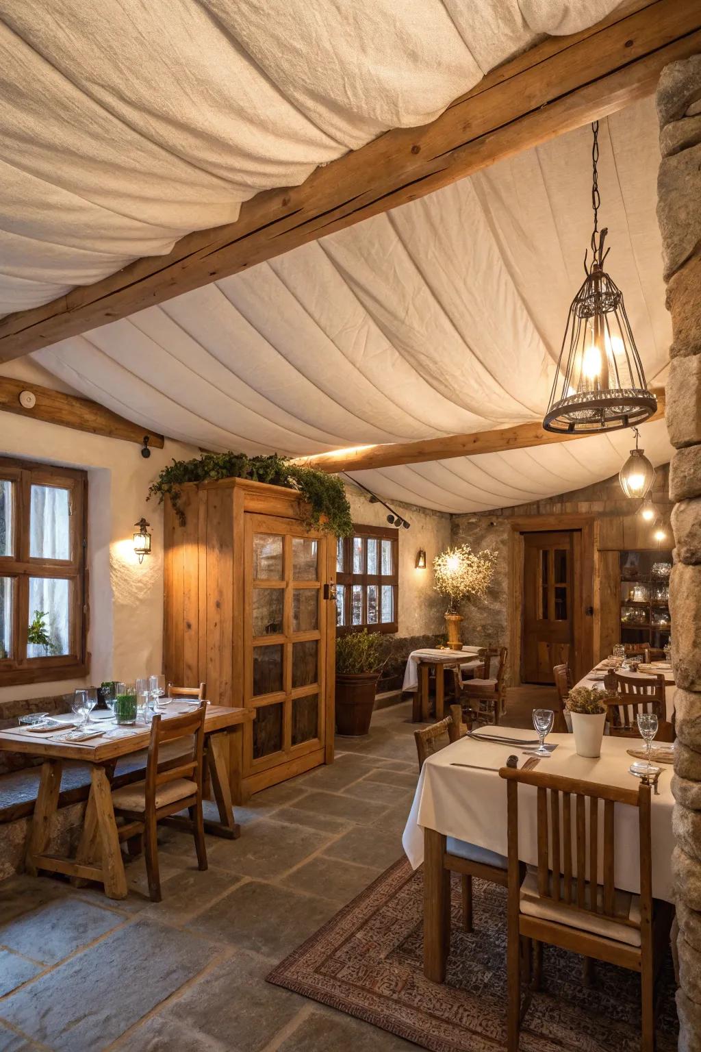 Create a rustic retreat with natural fabric ceilings.