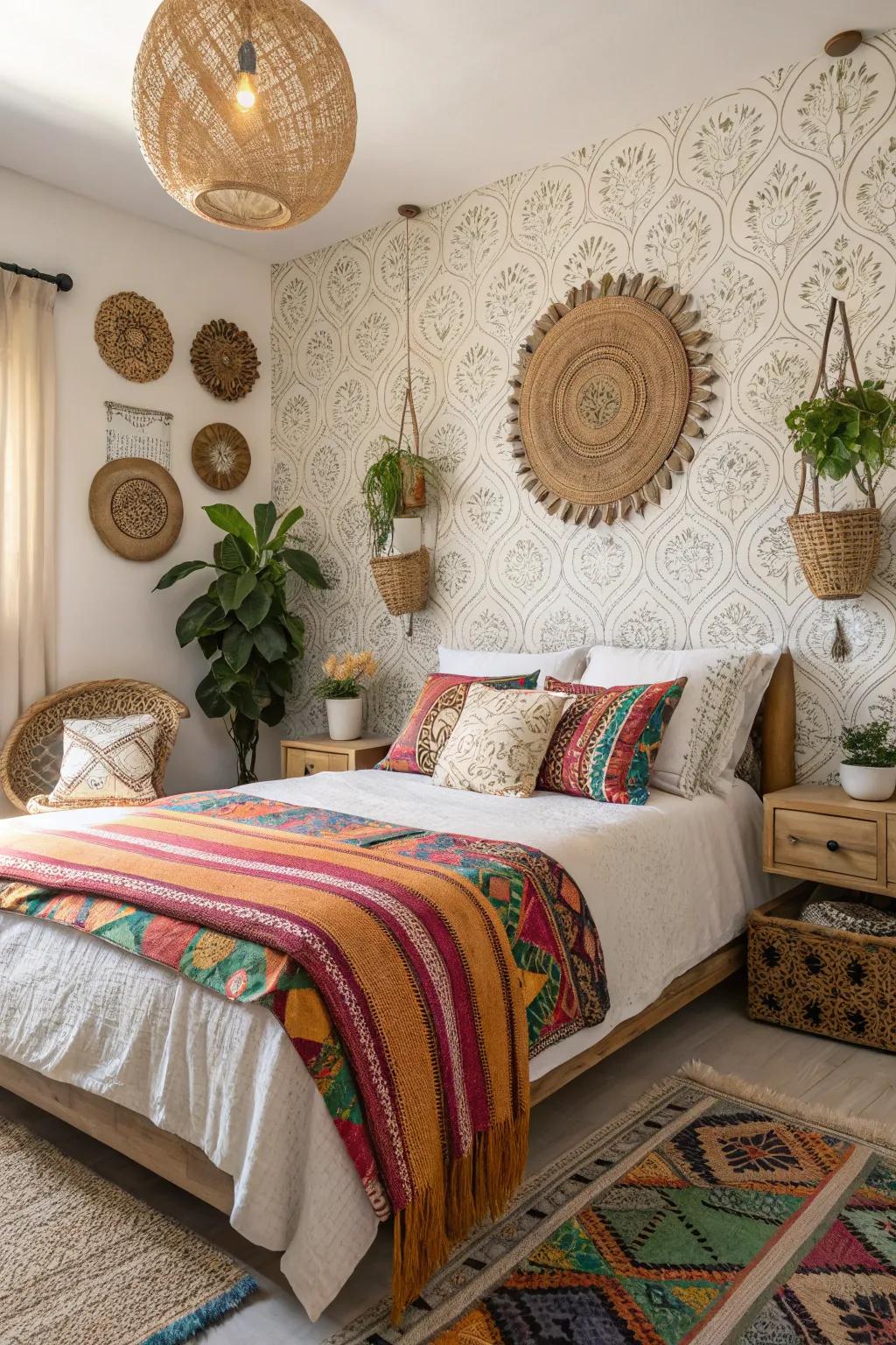 A bohemian aesthetic in fabric wallpaper creates a cozy retreat.