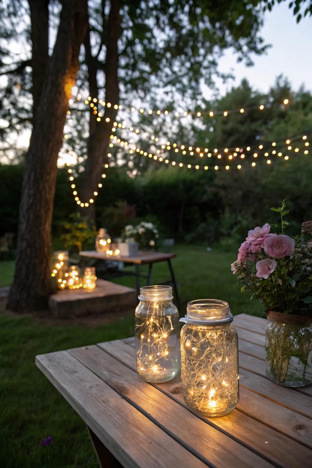Jars filled with ornamental lights create a floating light effect.