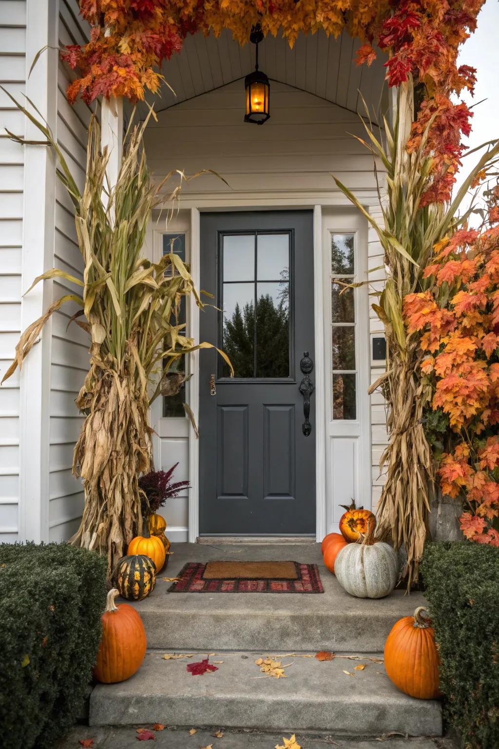 Stalk towers bring height and drama to an autumn-themed door.