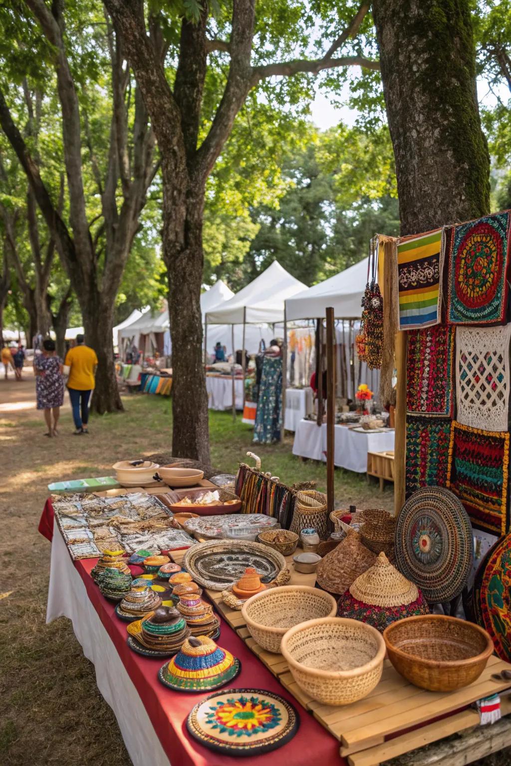 A lively handicraft fair area exhibiting local artistry
