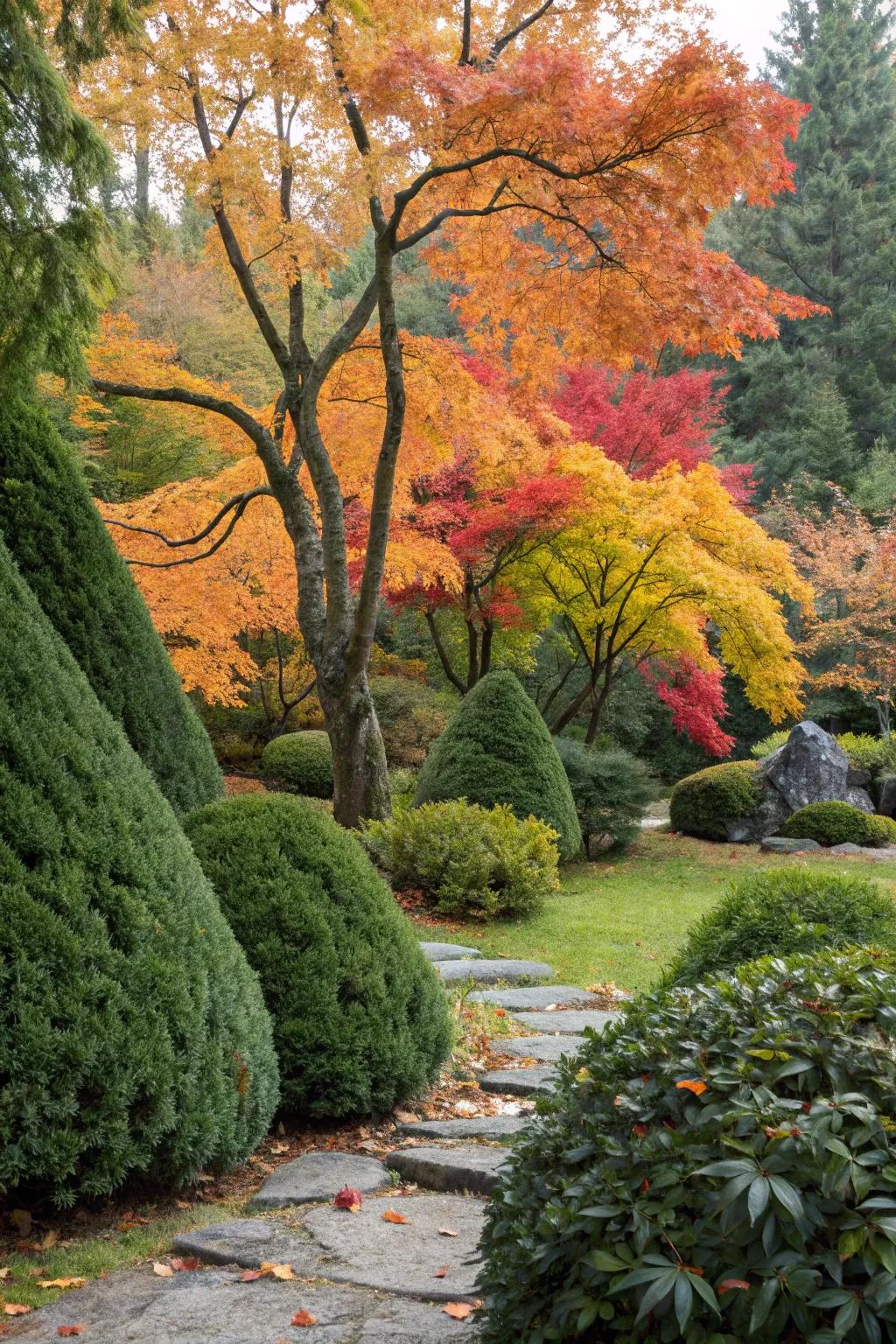 Evergreens provide a striking contrast.