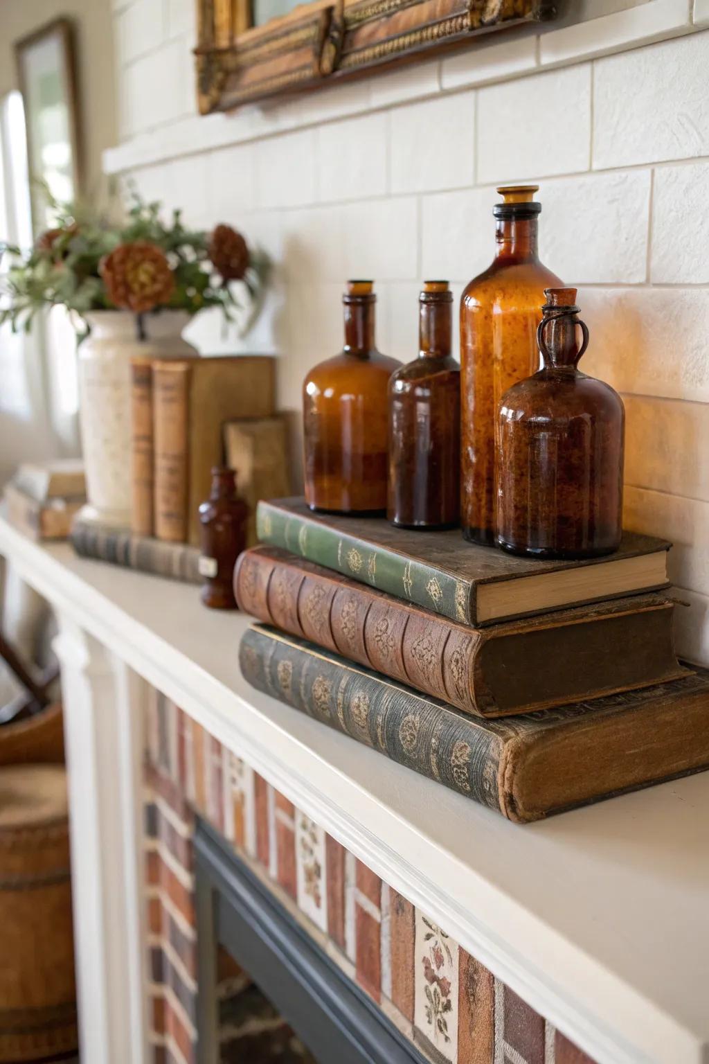 A fall mantel featuring vintage volumes and amber decanters.