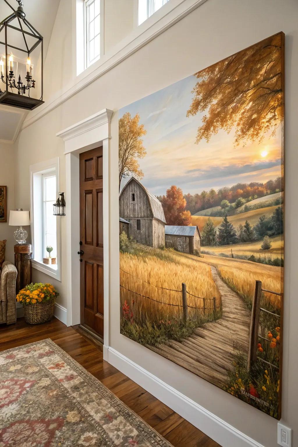 A country harvest scene sets a welcoming seasonal atmosphere.
