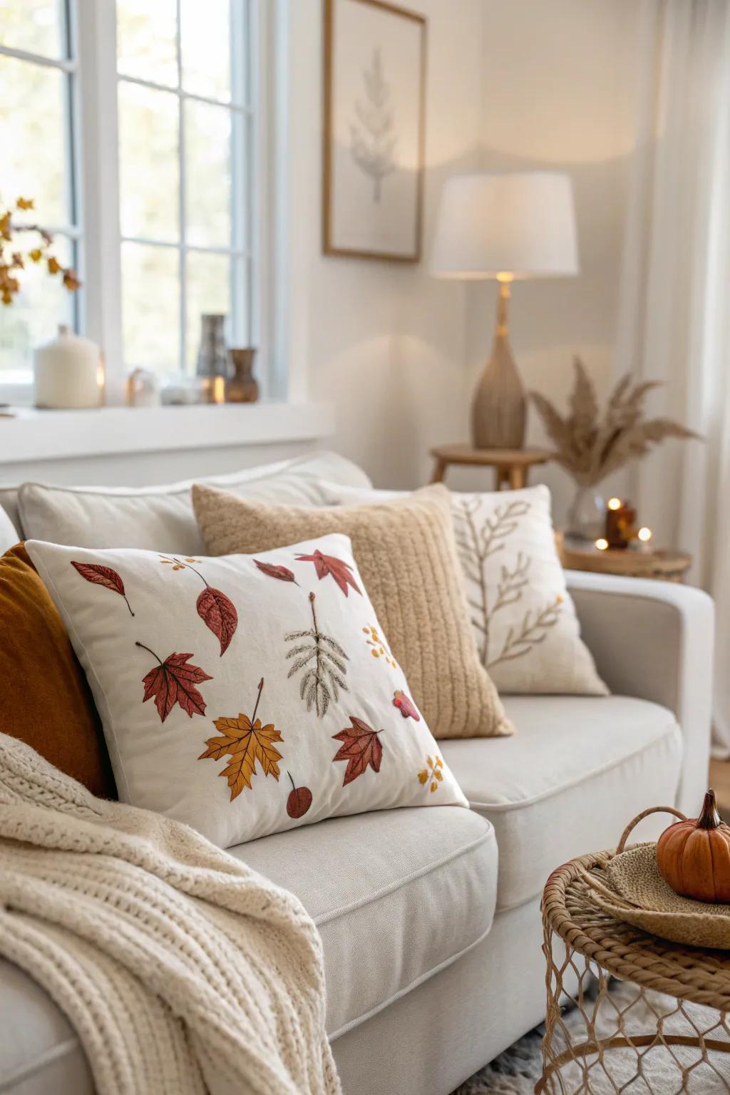 Neutral pillows with fall accents offer understated elegance.