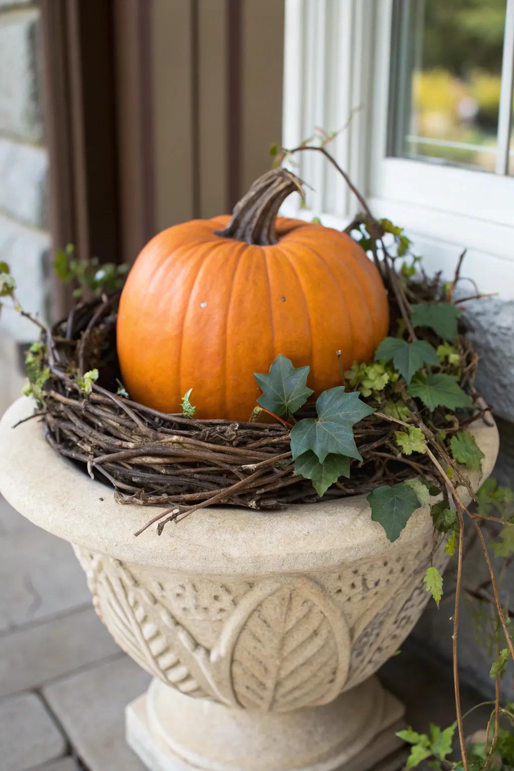 A grapevine wreath serves as a classic base for gourd displays.