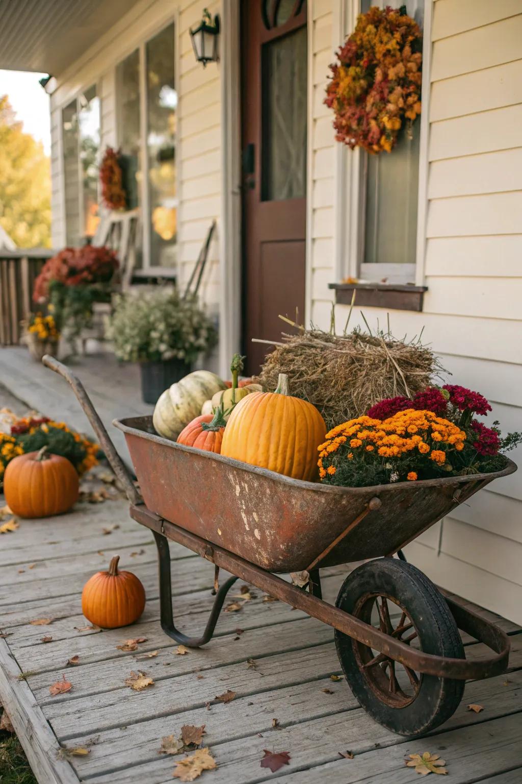 A vintage cart adds a charming rustic touch to the fall porch.