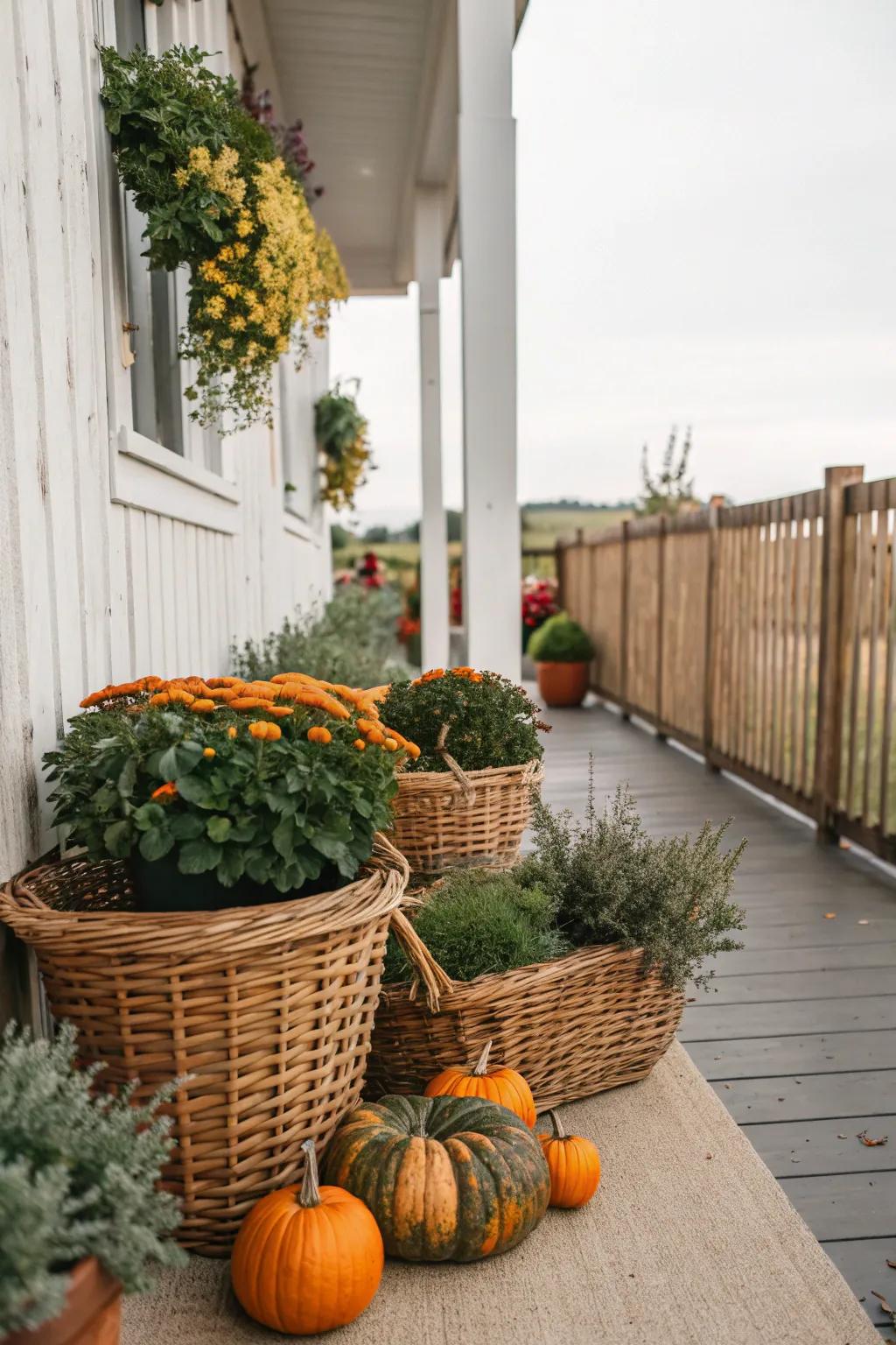 Woven elements bring rustic charm and natural texture to your porch decorations.