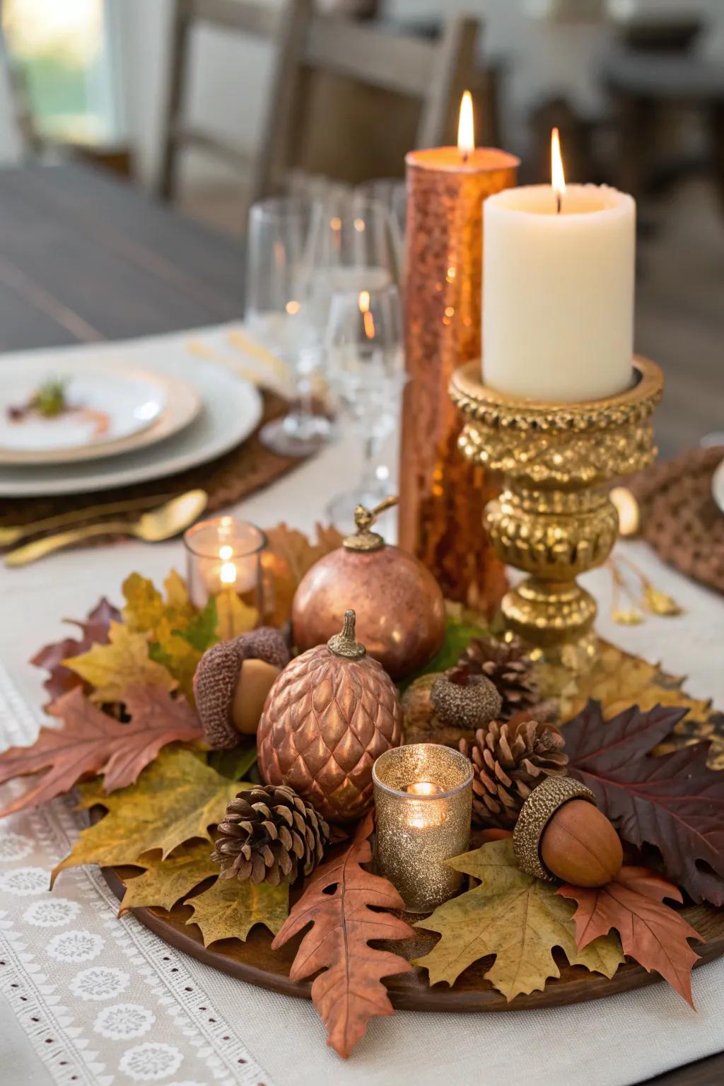 Metallic accents add unexpected refinement to your fall table.