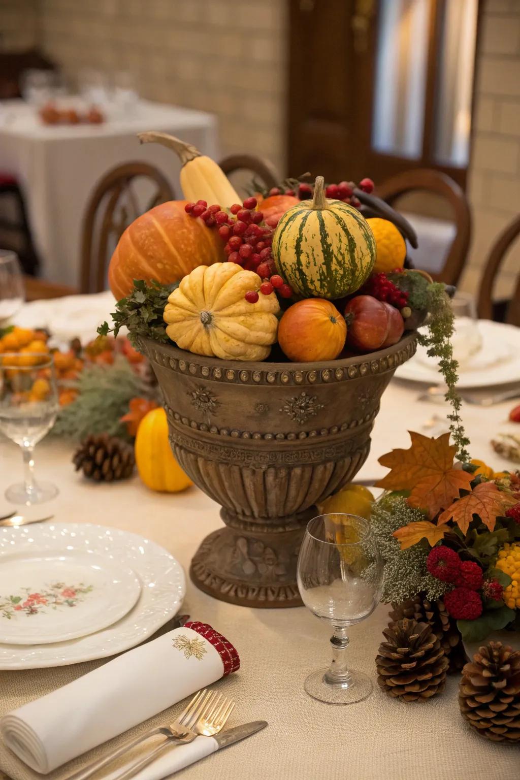 Generous horn of plenty in an autumnal urn.