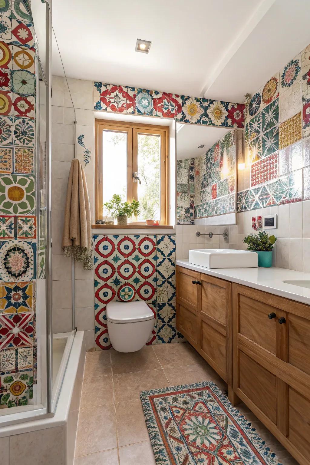 In the bathroom, striking patterns make a strong statement.