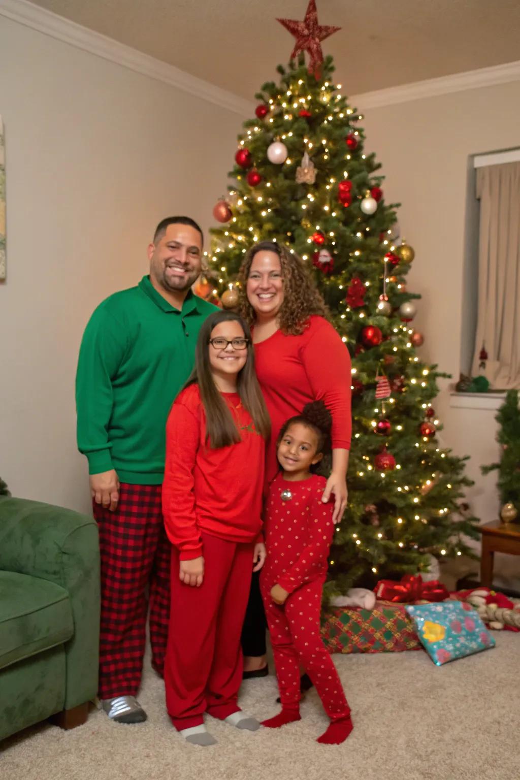 Celebrate the classic Christmas colors with a family dressed in festive red and green.