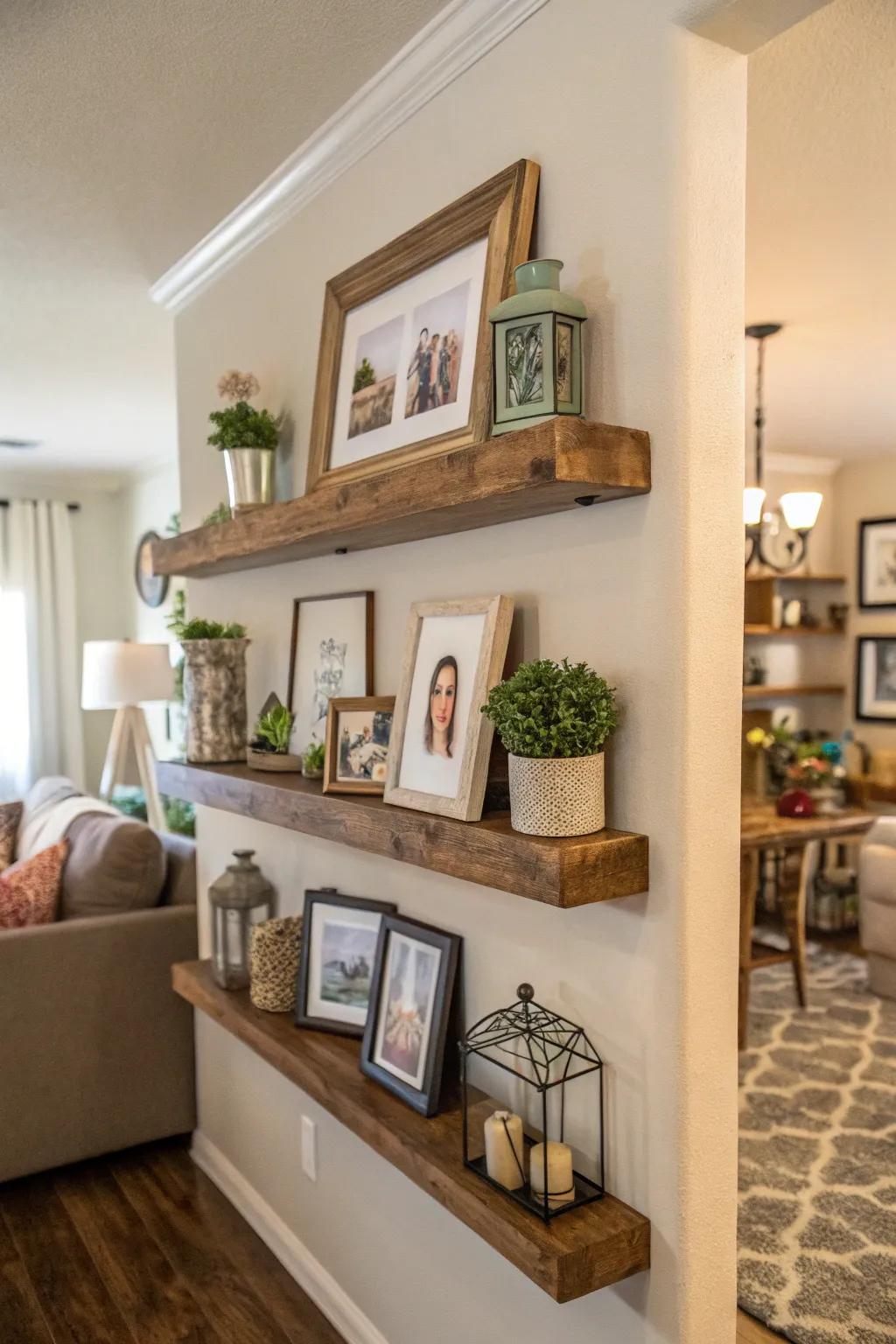 Floating ledges providing a versatile display for family photos and decor.