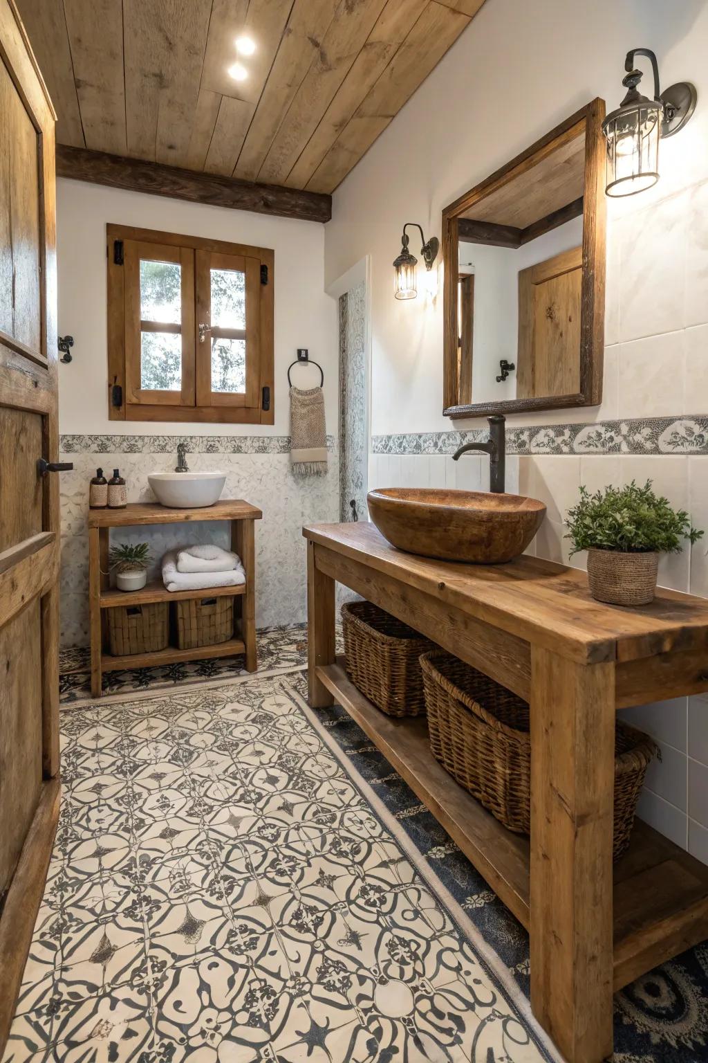 A country bathroom gains visual intrigue from patterned flooring.