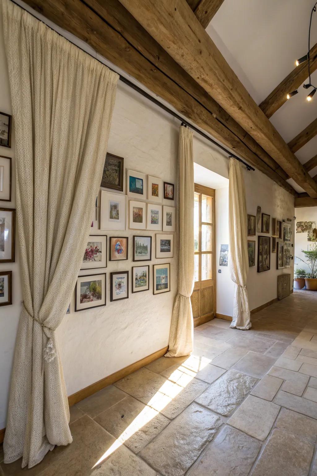 Window coverings beautifully accenting a gallery wall in a farmhouse interior.