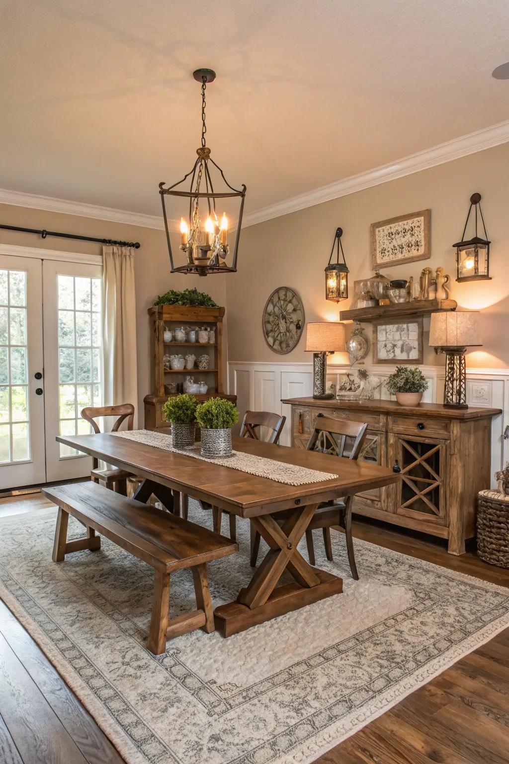 A subdued color scheme creates a serene and inviting atmosphere in this dining room.