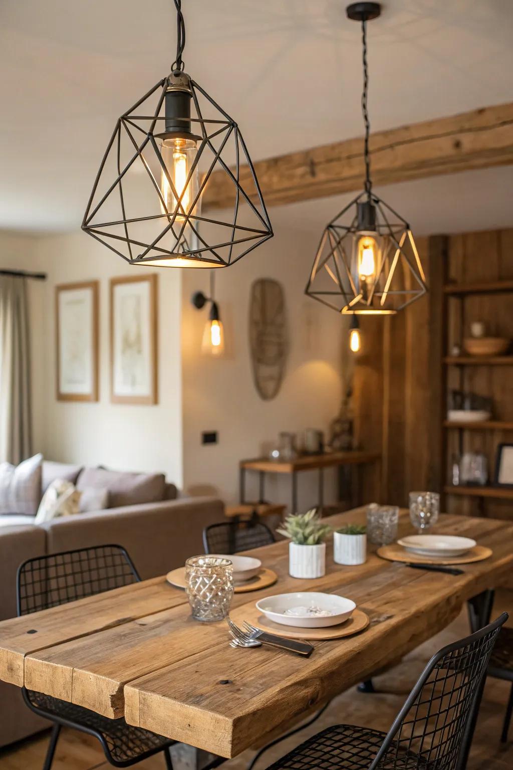 Symmetrical steel designs bring a modern edge to farmhouse illumination.