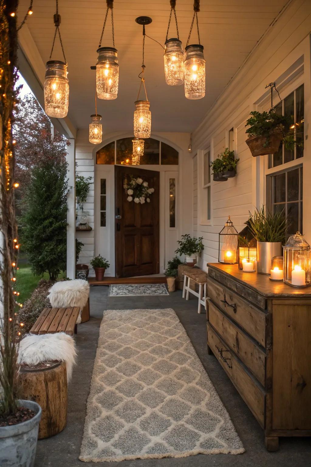 A countryside entryway illuminated with charming Preserving jar lighting.