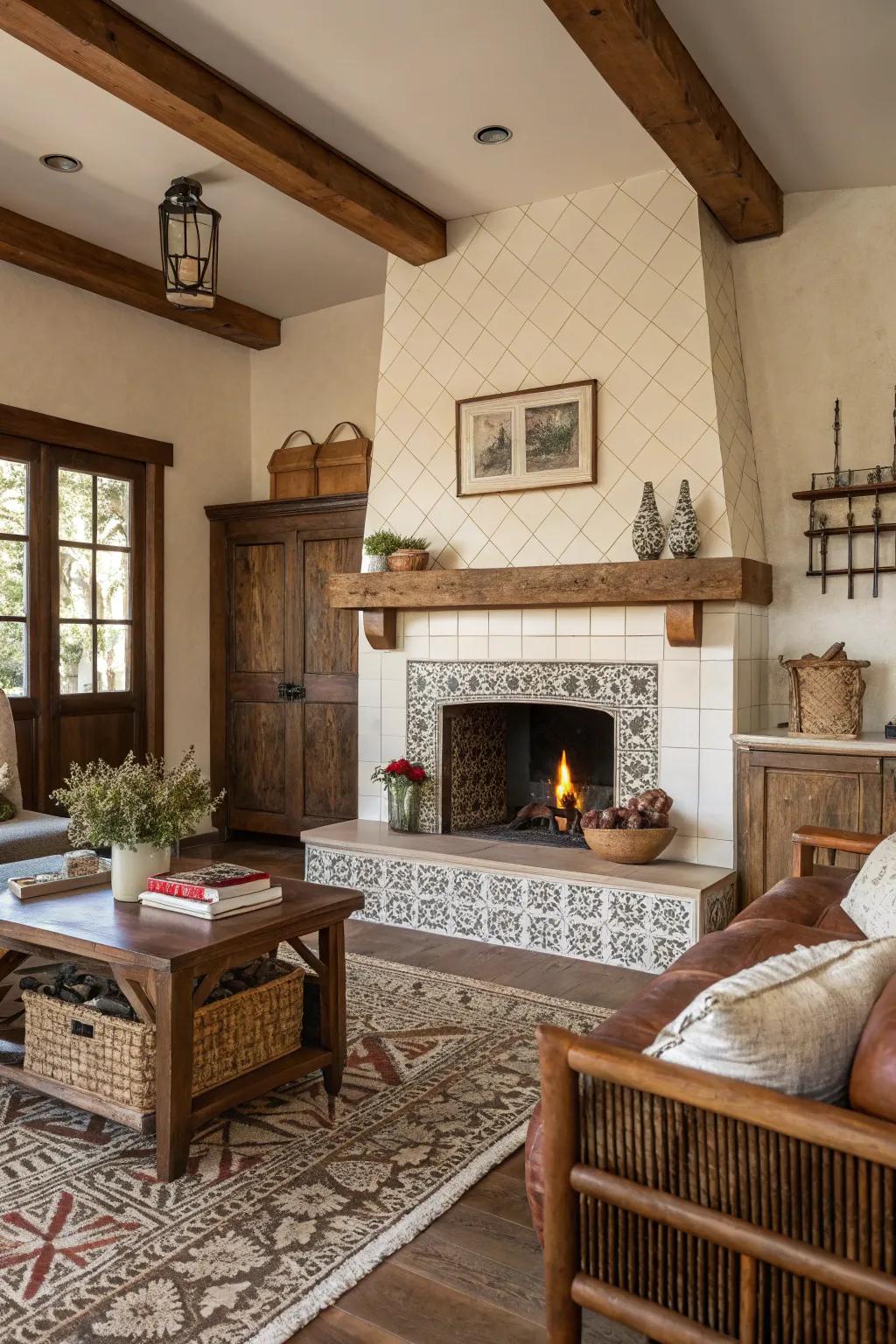 Striking base-to-crown tiles on a farmhouse fireplace.