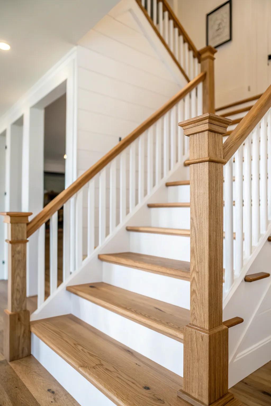 Clean lines offer a modern touch to a farmhouse staircase.