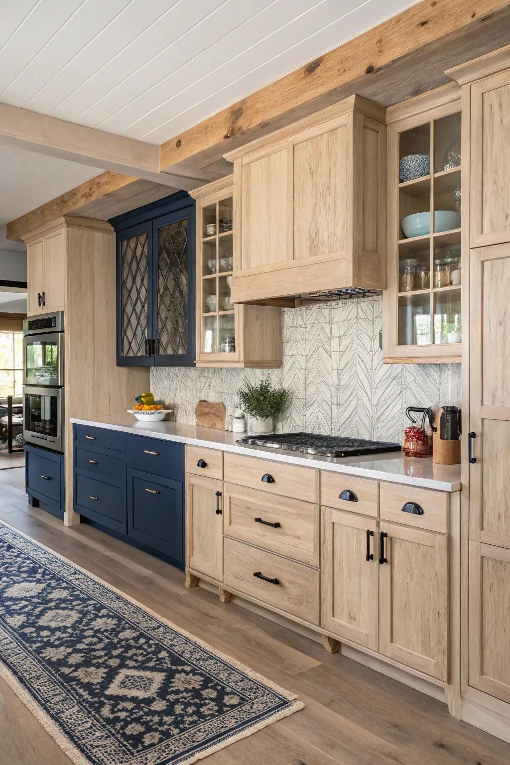 A dual-tone layout featuring pale timber and navy creates a stylish cooking space.