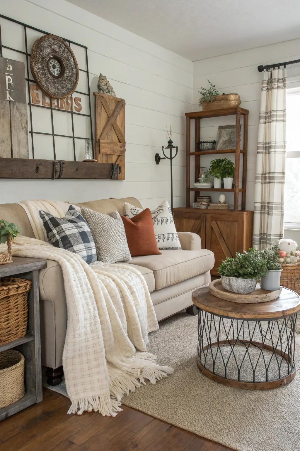 A blend of materials enhances depth and intrigue in this farmhouse living space.