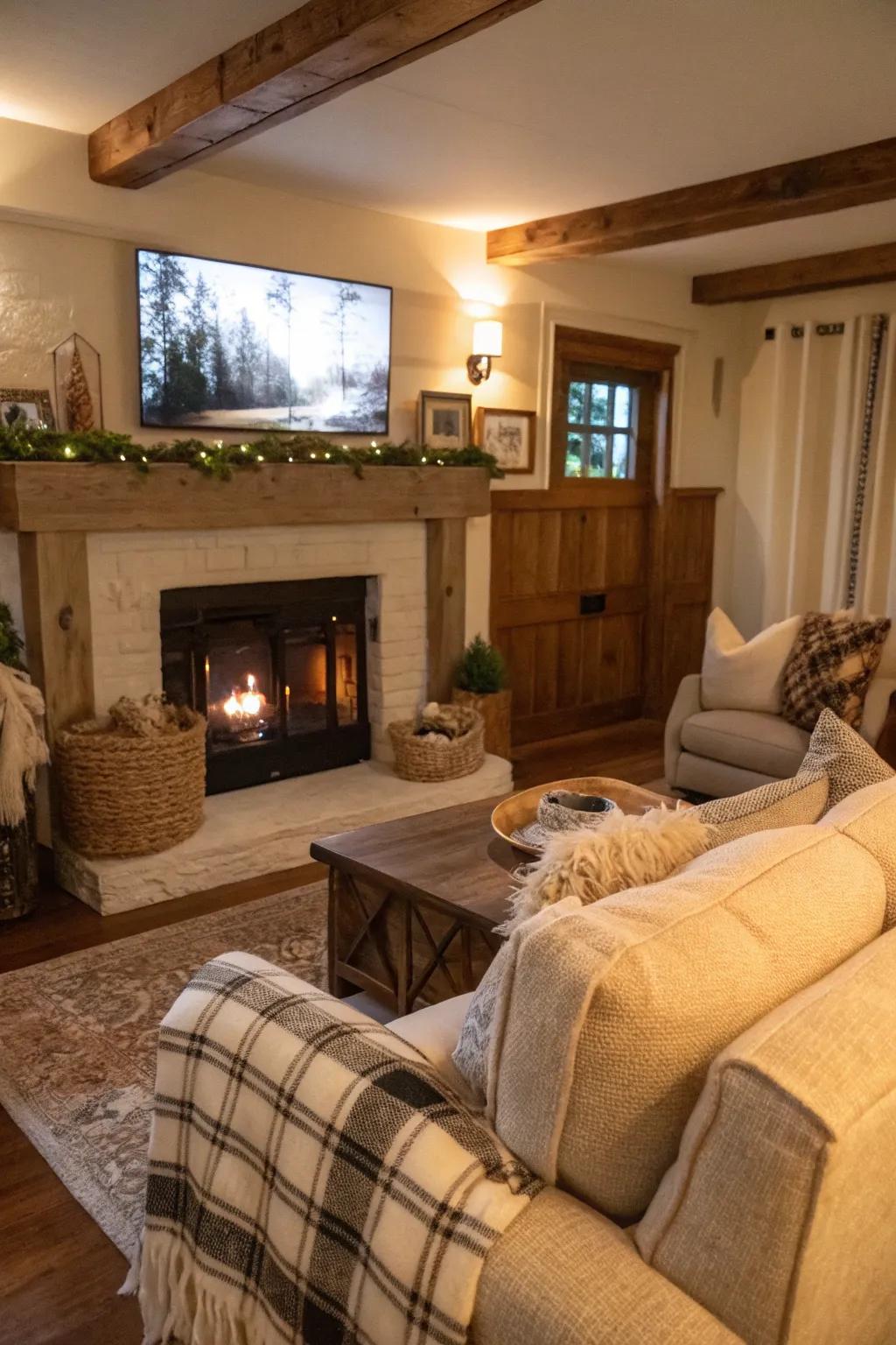 A welcoming farmhouse living room with a TV above the mantel, accented by snug textiles.