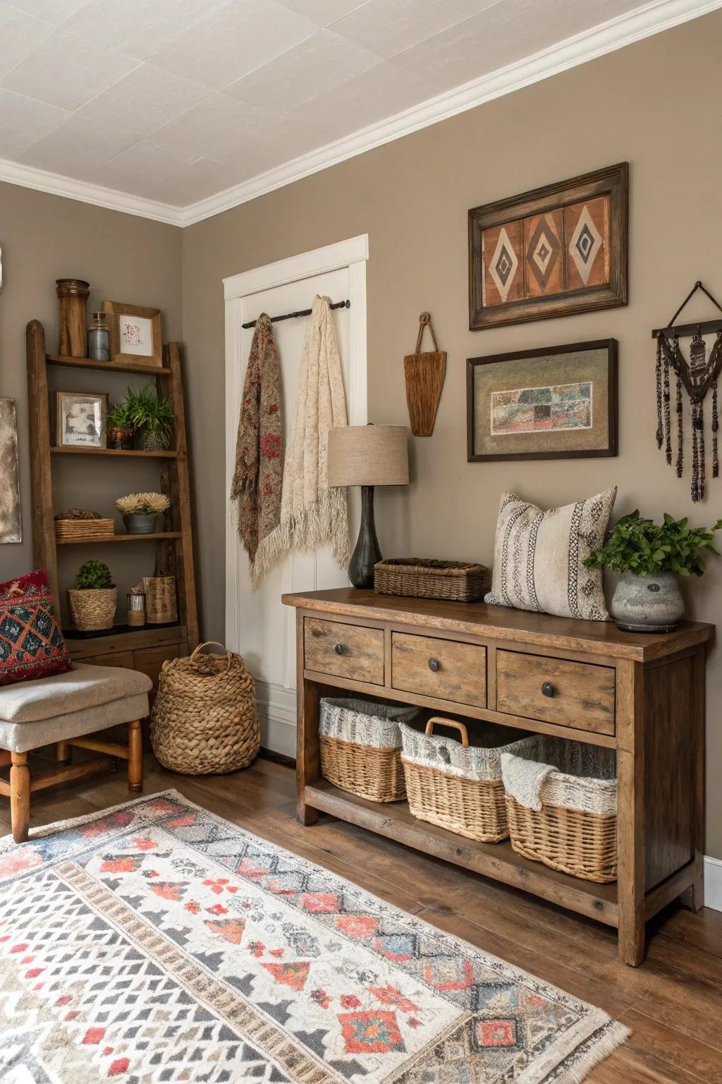 Taupe walls offer a flexible backdrop for farmhouse decor.